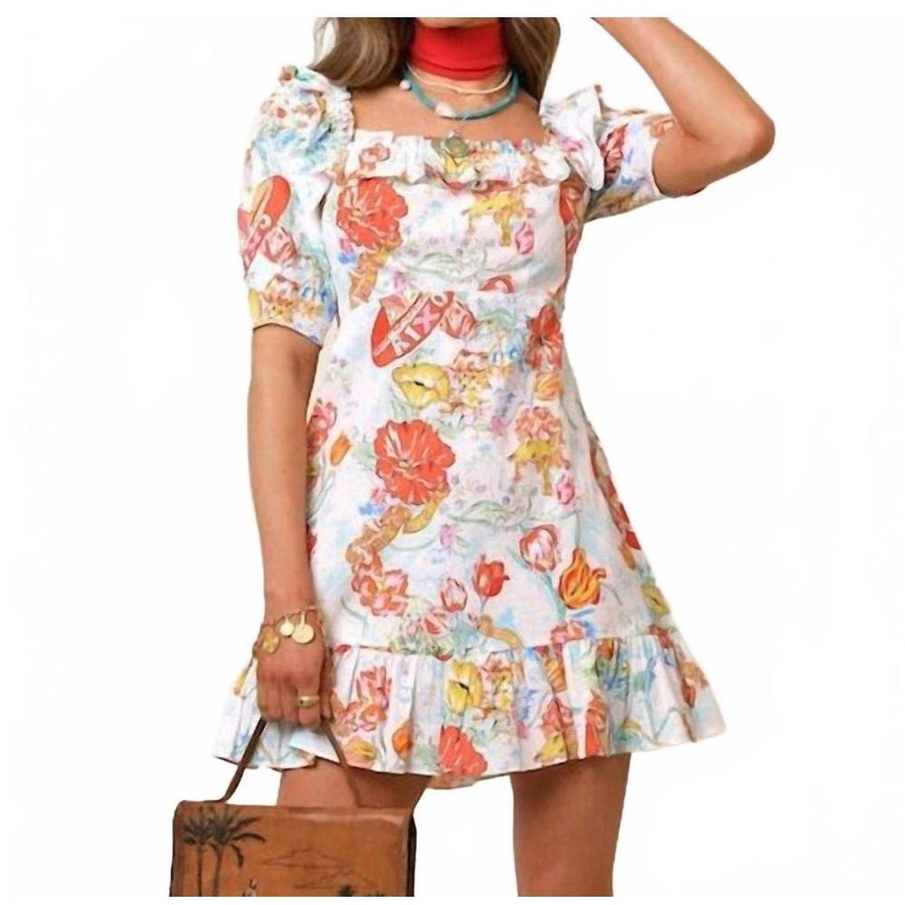 RIXO Camile Holiday Mini Dress Tropical Floral Postcard Print Ruffle Backless 8